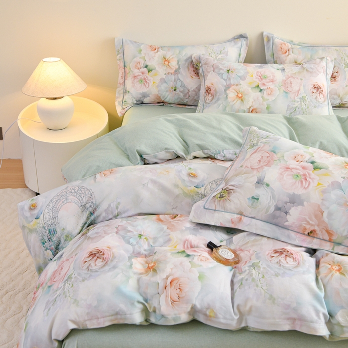 91家纺网 家纺一手货源 找家纺 铭浩家纺 2025新款全棉纯棉数码印花四件套 盛夏-绿