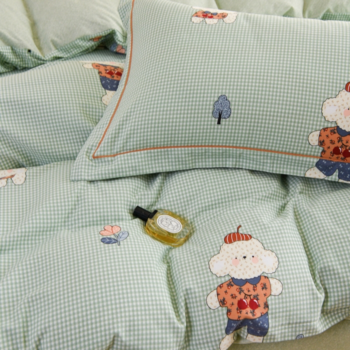 91家纺网 家纺一手货源 找家纺 铭浩家纺 2025新款全棉纯棉数码印花四件套 贴布小熊-绿