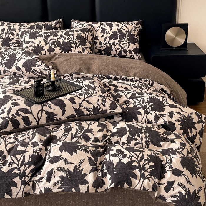 91家纺网 家纺一手货源 找家纺 海岛哥哥 2025新款原麻复古亚麻四件套系列 扶桑花-黑