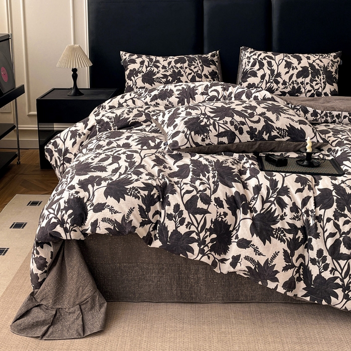 91家纺网 家纺一手货源 找家纺 海岛哥哥 2025新款原麻复古亚麻四件套系列 扶桑花-黑