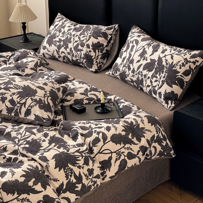 91家纺网 家纺一手货源 找家纺 海岛哥哥 2025新款原麻复古亚麻四件套系列 扶桑花-黑