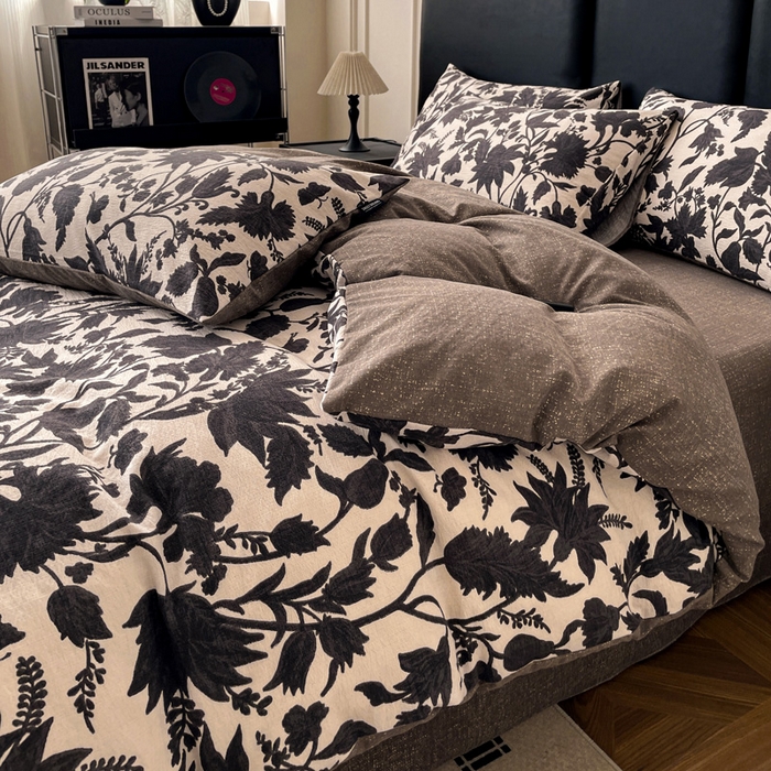 91家纺网 家纺一手货源 找家纺 海岛哥哥 2025新款原麻复古亚麻四件套系列 扶桑花-黑