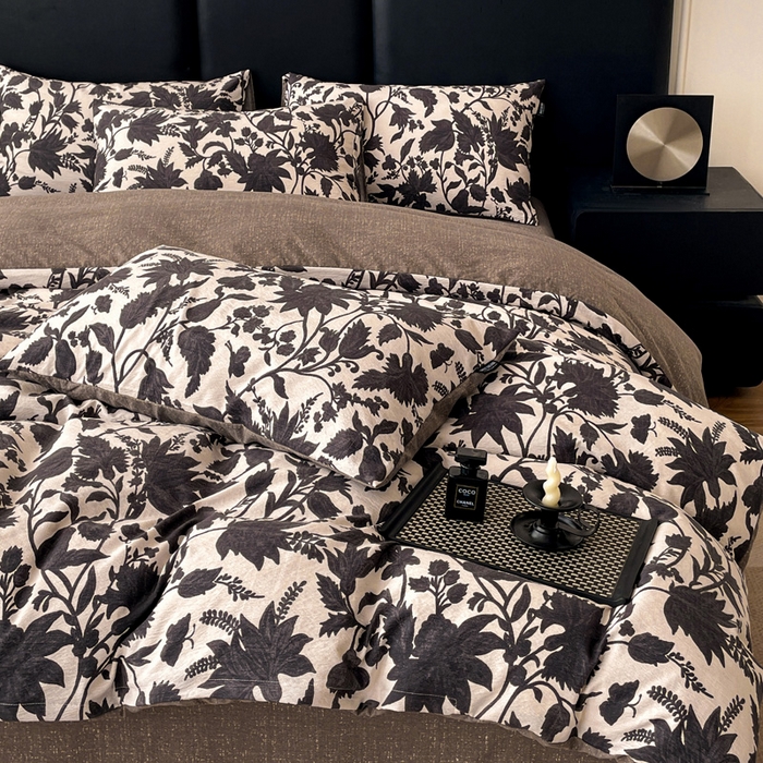 91家纺网 家纺一手货源 找家纺 海岛哥哥 2025新款原麻复古亚麻四件套系列 扶桑花-黑