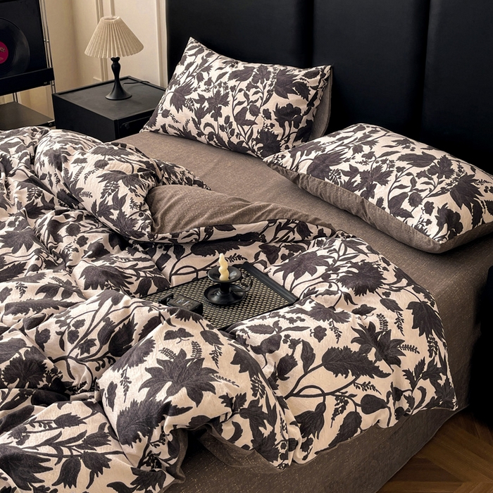 91家纺网 家纺一手货源 找家纺 海岛哥哥 2025新款原麻复古亚麻四件套系列 扶桑花-黑