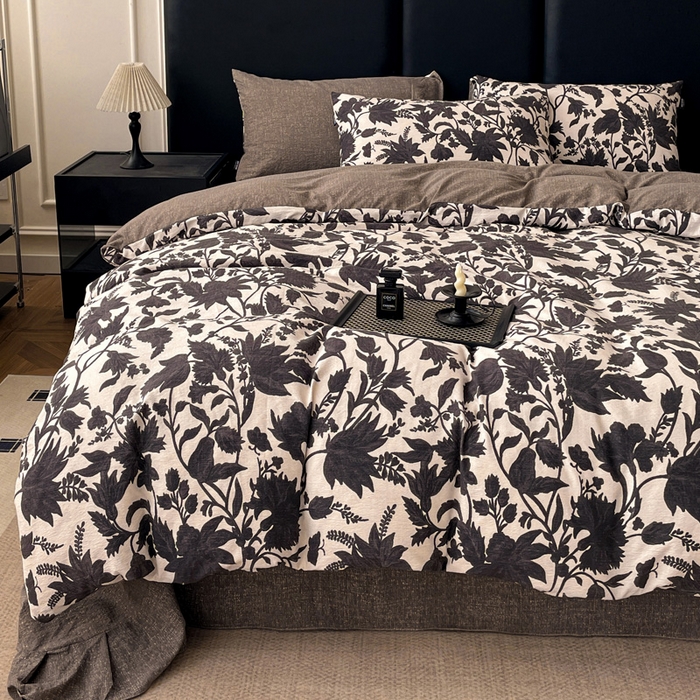 91家纺网 家纺一手货源 找家纺 海岛哥哥 2025新款原麻复古亚麻四件套系列 扶桑花-黑