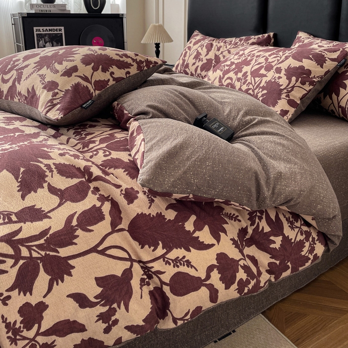 91家纺网 家纺一手货源 找家纺 海岛哥哥 2025新款原麻复古亚麻四件套系列 扶桑花-红