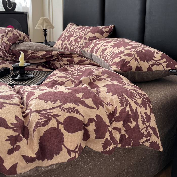 91家纺网 家纺一手货源 找家纺 海岛哥哥 2025新款原麻复古亚麻四件套系列 扶桑花-红