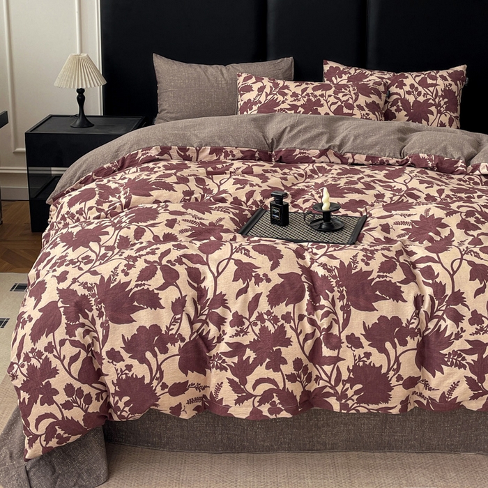 91家纺网 家纺一手货源 找家纺 海岛哥哥 2025新款原麻复古亚麻四件套系列 扶桑花-红