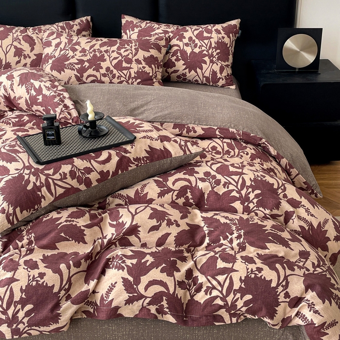 91家纺网 家纺一手货源 找家纺 海岛哥哥 2025新款原麻复古亚麻四件套系列 扶桑花-红