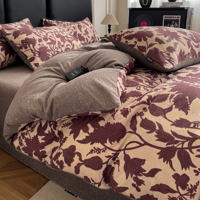 91家纺网 家纺一手货源 找家纺 海岛哥哥 2025新款原麻复古亚麻四件套系列 扶桑花-红