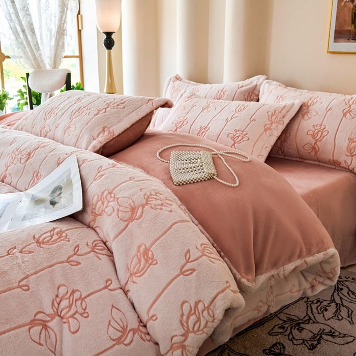 91家纺网 家纺一手货源 找家纺 尚品凤凰 2025兔毛绒四件套 优朵  浅桔