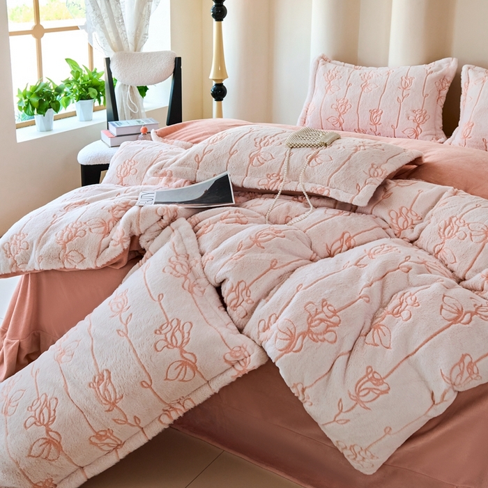 91家纺网 家纺一手货源 找家纺 尚品凤凰 2025兔毛绒四件套 优朵  浅桔