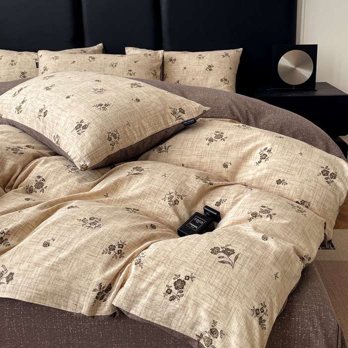 91家纺网 家纺一手货源 找家纺 海岛哥哥 2025新款原麻复古亚麻四件套系列 檀韵锦花-褐