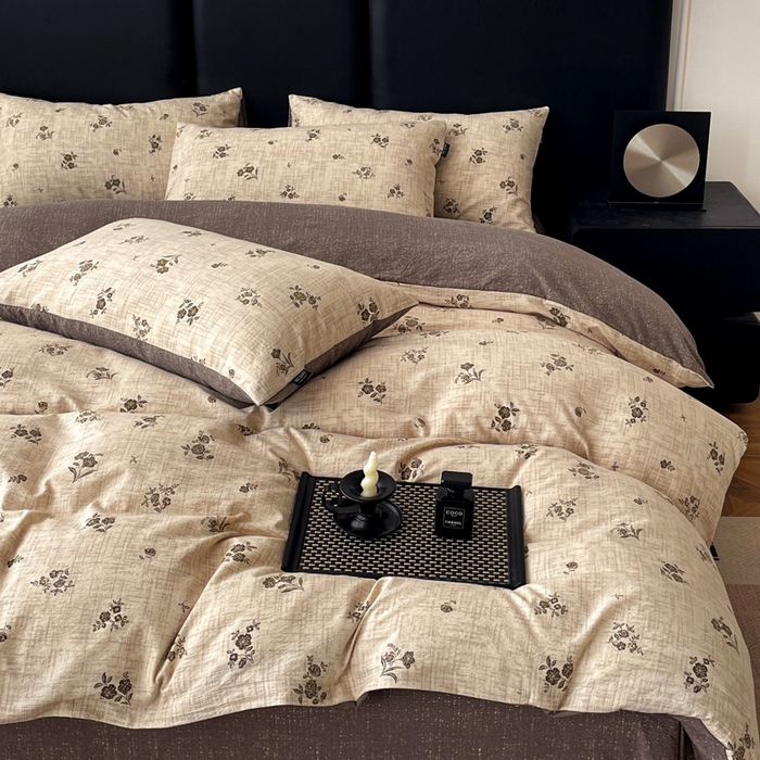 91家纺网 家纺一手货源 找家纺 海岛哥哥 2025新款原麻复古亚麻四件套系列 檀韵锦花-褐