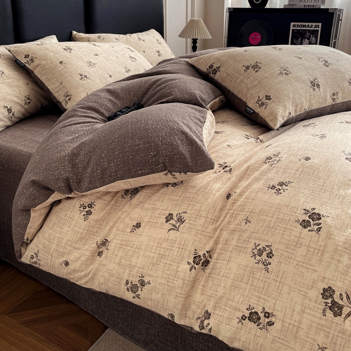 91家纺网 家纺一手货源 找家纺 海岛哥哥 2025新款原麻复古亚麻四件套系列 檀韵锦花-褐