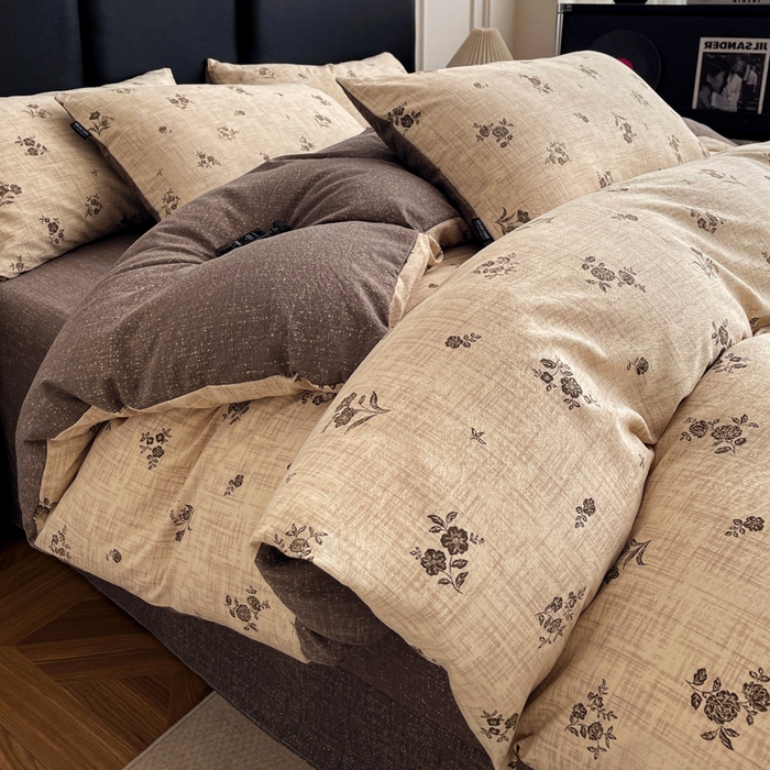 91家纺网 家纺一手货源 找家纺 海岛哥哥 2025新款原麻复古亚麻四件套系列 檀韵锦花-褐