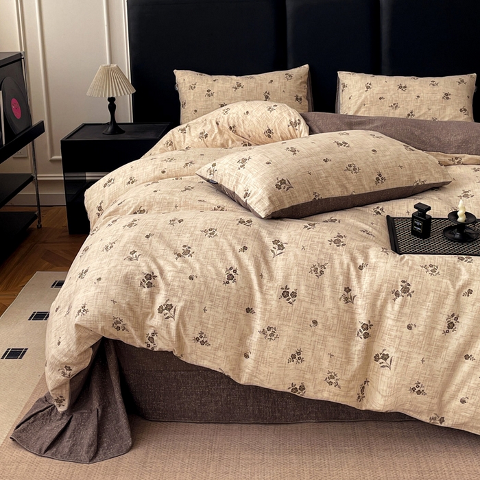 91家纺网 家纺一手货源 找家纺 海岛哥哥 2025新款原麻复古亚麻四件套系列 檀韵锦花-褐