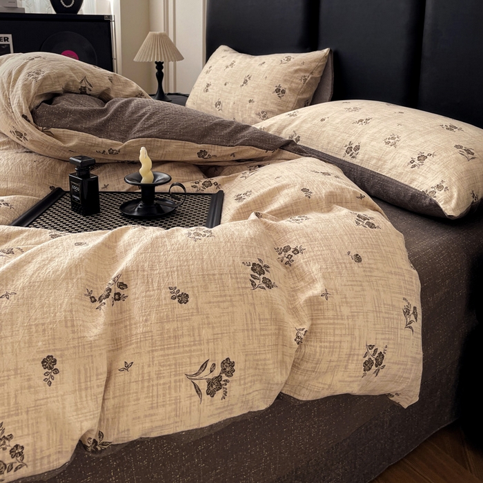 91家纺网 家纺一手货源 找家纺 海岛哥哥 2025新款原麻复古亚麻四件套系列 檀韵锦花-褐