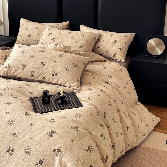 91家纺网 家纺一手货源 找家纺 海岛哥哥 2025新款原麻复古亚麻四件套系列 檀韵锦花-褐