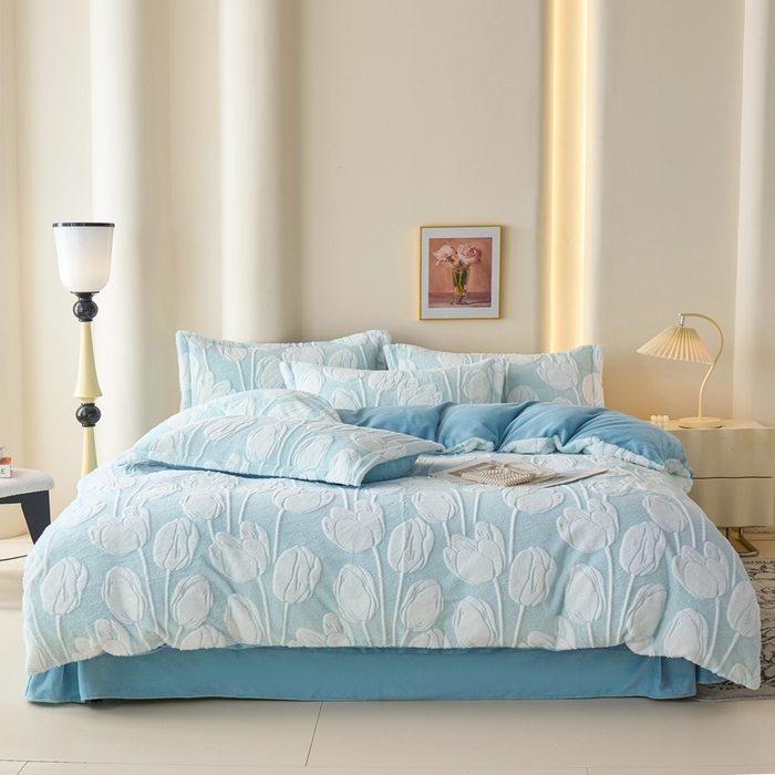 91家纺网 家纺一手货源 找家纺 尚品凤凰 2025兔毛绒四件套 珍妮  蓝