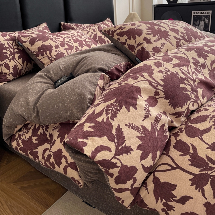 91家纺网 家纺一手货源 找家纺 港岛妹妹 2025新款原麻复古四件套系列 扶桑花-红