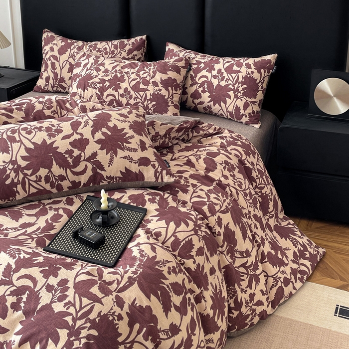 91家纺网 家纺一手货源 找家纺 港岛妹妹 2025新款原麻复古四件套系列 扶桑花-红