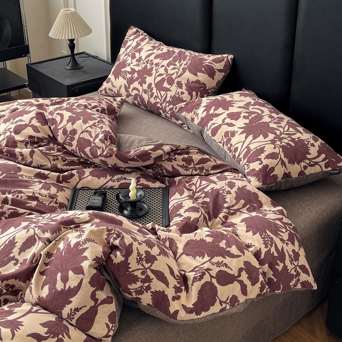 91家纺网 家纺一手货源 找家纺 港岛妹妹 2025新款原麻复古四件套系列 扶桑花-红