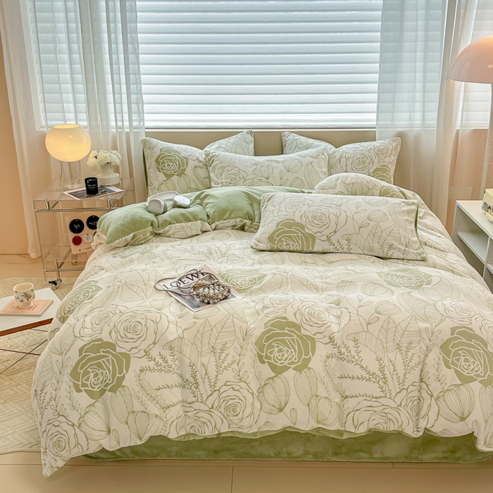 91家纺网 家纺一手货源 找家纺 眠博士 2025新款立体雕花牛奶绒加厚保暖四件套 立体雕花-朵美绿