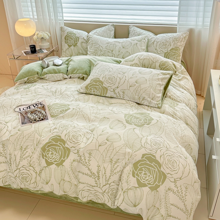 91家纺网 家纺一手货源 找家纺 眠博士 2025新款立体雕花牛奶绒加厚保暖四件套 立体雕花-朵美绿