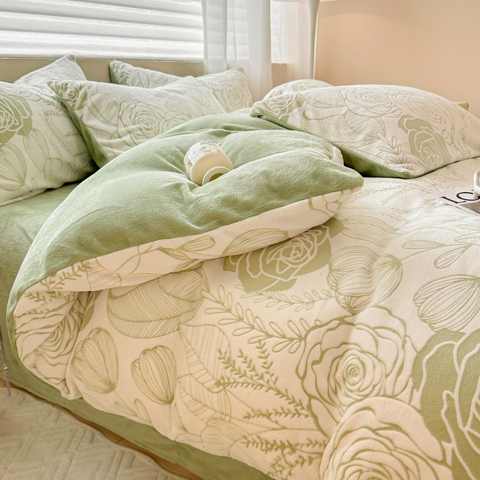 91家纺网 家纺一手货源 找家纺 眠博士 2025新款立体雕花牛奶绒加厚保暖四件套 立体雕花-朵美绿