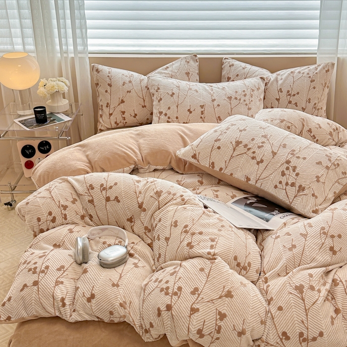 91家纺网 家纺一手货源 找家纺 眠博士 2025新款立体雕花牛奶绒加厚保暖四件套 立体雕花-米洛咖