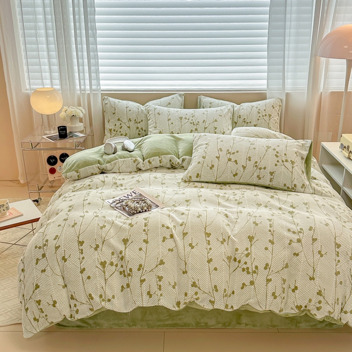 91家纺网 家纺一手货源 找家纺 眠博士 2025新款立体雕花牛奶绒加厚保暖四件套 立体雕花-米洛绿