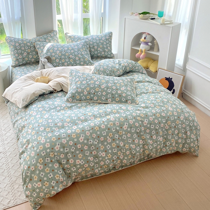 91家纺网 家纺一手货源 找家纺 羽爱家纺 2025新款A类双面印花全棉水洗床盖套件-三件套 花漫庭-