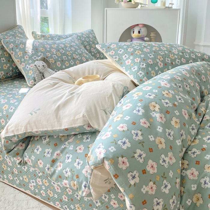 91家纺网 家纺一手货源 找家纺 羽爱家纺 2025新款A类双面印花全棉水洗床盖套件-三件套 花漫庭-