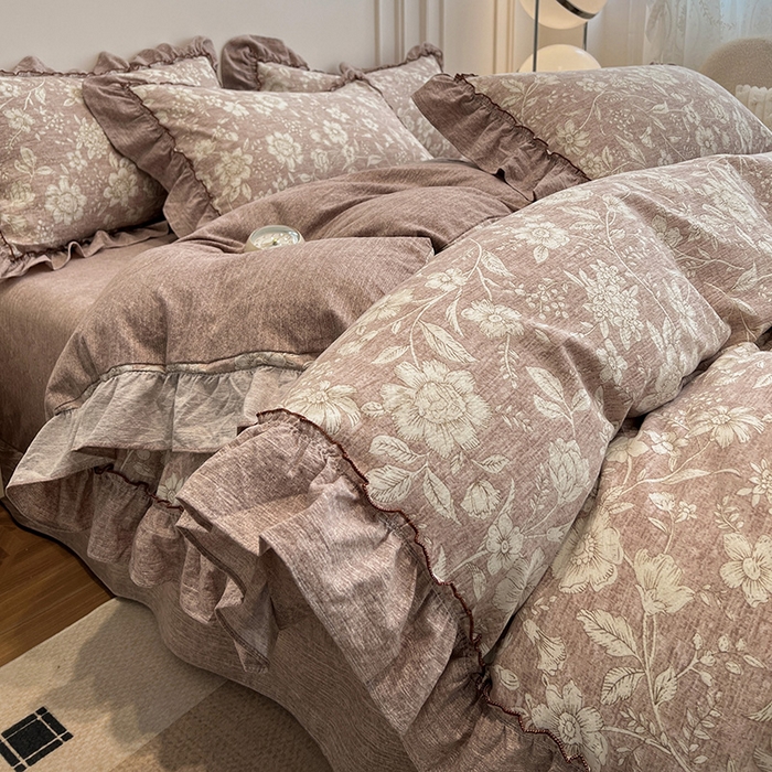 91家纺网 家纺一手货源 找家纺 逸林家纺《原希尔顿逸林》 2025秋冬新品加厚高克重亚麻复古原麻皱皱纱印花四件套法式花边 爱丽丝