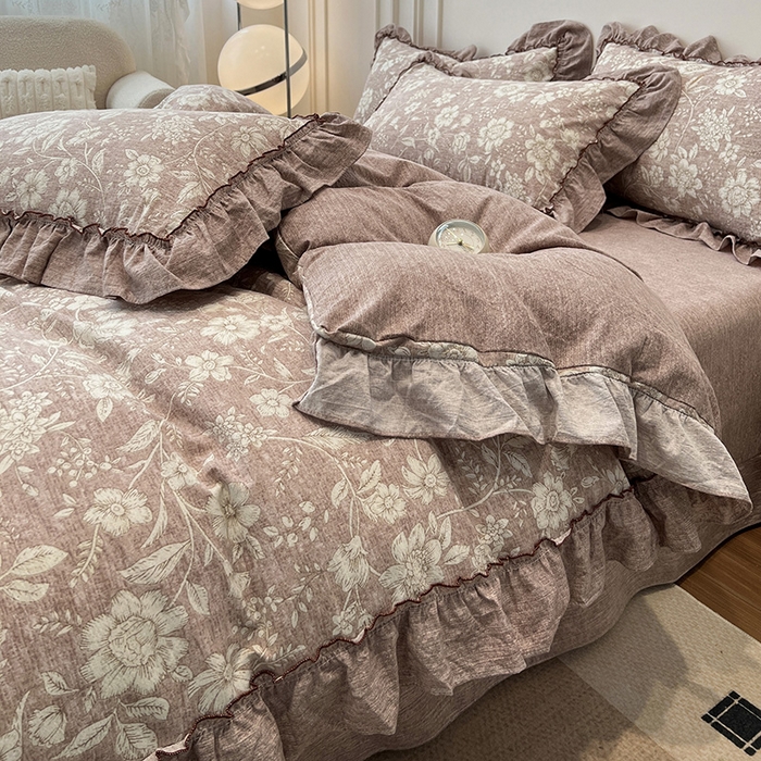 91家纺网 家纺一手货源 找家纺 逸林家纺《原希尔顿逸林》 2025秋冬新品加厚高克重亚麻复古原麻皱皱纱印花四件套法式花边 爱丽丝