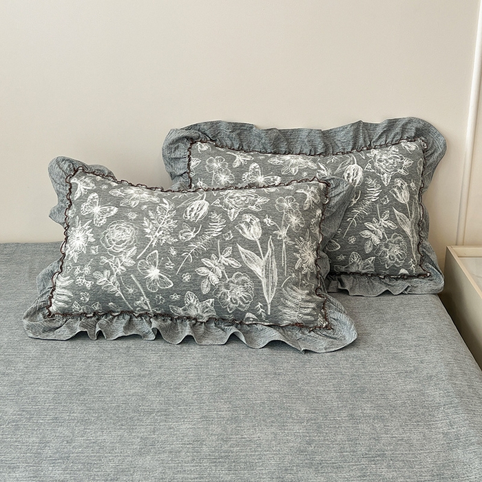 91家纺网 家纺一手货源 找家纺 逸林家纺《原希尔顿逸林》 2025秋冬新品加厚高克重亚麻复古原麻皱皱纱印花四件套法式花边 蝶梦