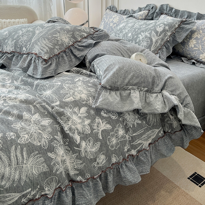 91家纺网 家纺一手货源 找家纺 逸林家纺《原希尔顿逸林》 2025秋冬新品加厚高克重亚麻复古原麻皱皱纱印花四件套法式花边 蝶梦