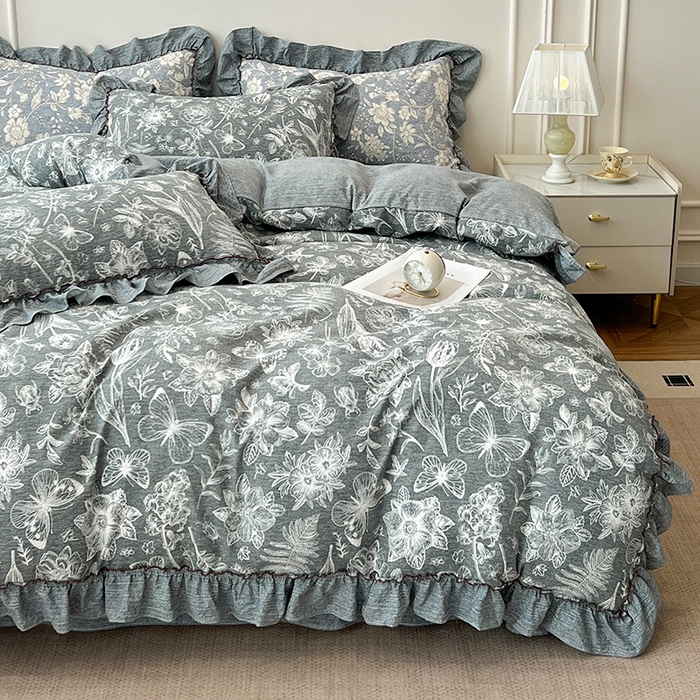 91家纺网 家纺一手货源 找家纺 逸林家纺《原希尔顿逸林》 2025秋冬新品加厚高克重亚麻复古原麻皱皱纱印花四件套法式花边 蝶梦