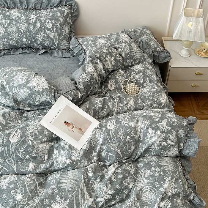 91家纺网 家纺一手货源 找家纺 逸林家纺《原希尔顿逸林》 2025秋冬新品加厚高克重亚麻复古原麻皱皱纱印花四件套法式花边 蝶梦