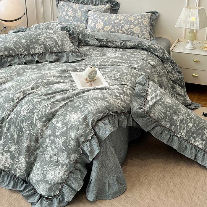 91家纺网 家纺一手货源 找家纺 逸林家纺《原希尔顿逸林》 2025秋冬新品加厚高克重亚麻复古原麻皱皱纱印花四件套法式花边 蝶梦