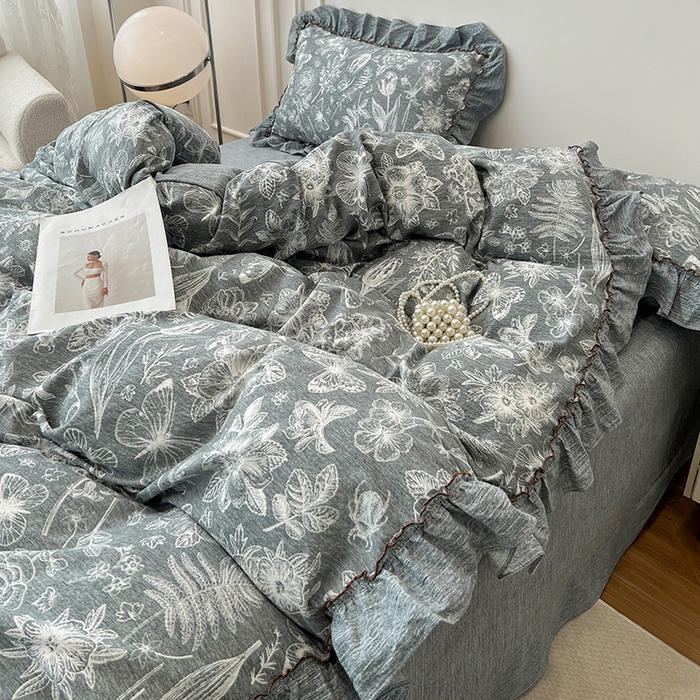 91家纺网 家纺一手货源 找家纺 逸林家纺《原希尔顿逸林》 2025秋冬新品加厚高克重亚麻复古原麻皱皱纱印花四件套法式花边 蝶梦