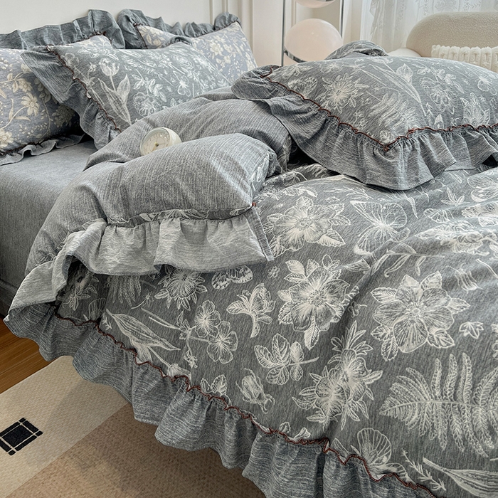 91家纺网 家纺一手货源 找家纺 逸林家纺《原希尔顿逸林》 2025秋冬新品加厚高克重亚麻复古原麻皱皱纱印花四件套法式花边 蝶梦