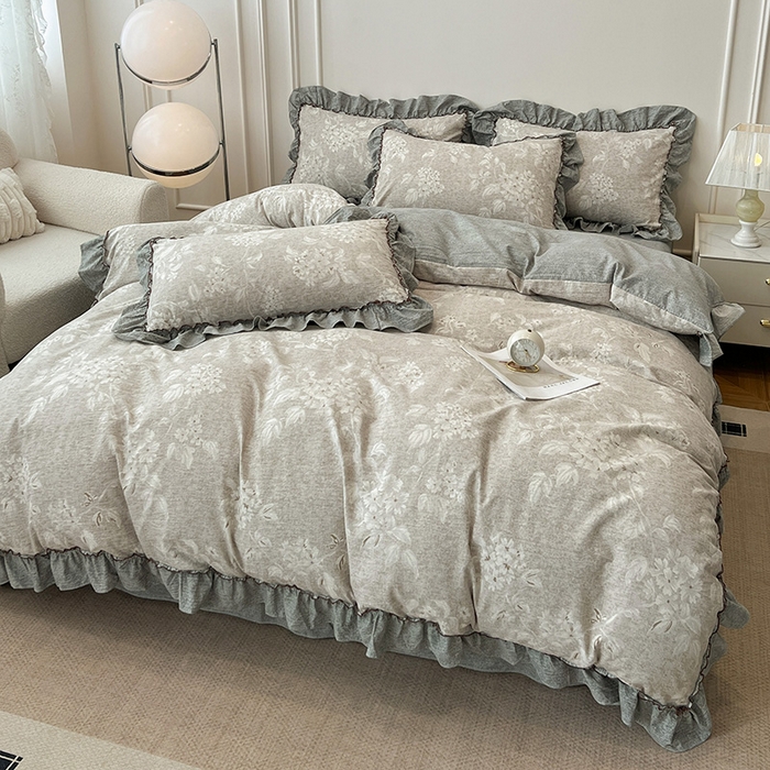 91家纺网 家纺一手货源 找家纺 逸林家纺《原希尔顿逸林》 2025秋冬新品加厚高克重亚麻复古原麻皱皱纱印花四件套法式花边 海棠花溪