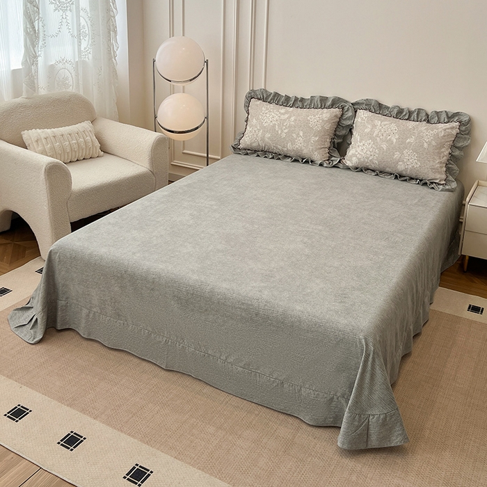 91家纺网 家纺一手货源 找家纺 逸林家纺《原希尔顿逸林》 2025秋冬新品加厚高克重亚麻复古原麻皱皱纱印花四件套法式花边 海棠花溪