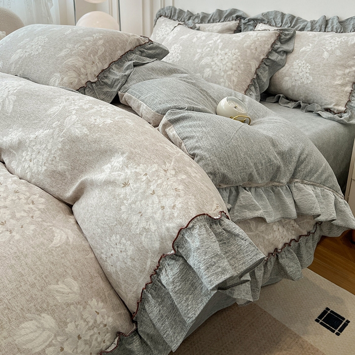 91家纺网 家纺一手货源 找家纺 逸林家纺《原希尔顿逸林》 2025秋冬新品加厚高克重亚麻复古原麻皱皱纱印花四件套法式花边 海棠花溪