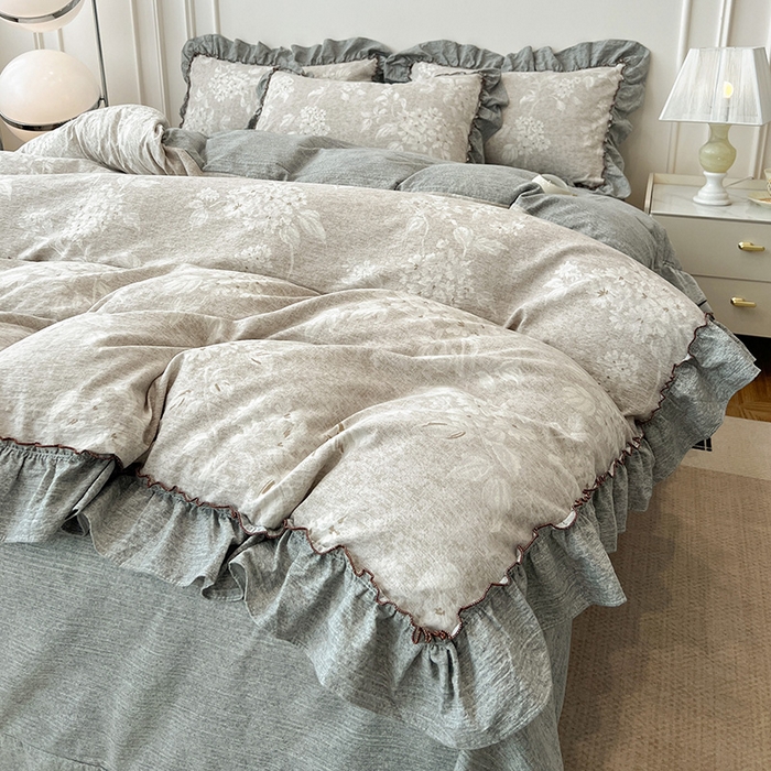 91家纺网 家纺一手货源 找家纺 逸林家纺《原希尔顿逸林》 2025秋冬新品加厚高克重亚麻复古原麻皱皱纱印花四件套法式花边 海棠花溪