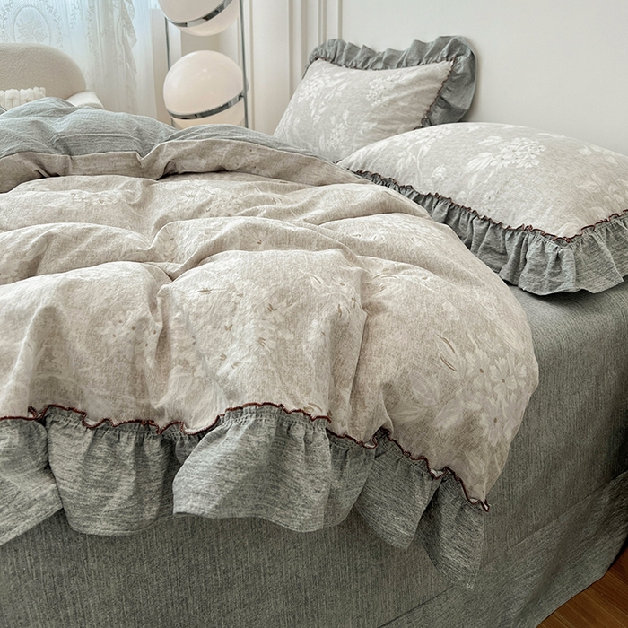 91家纺网 家纺一手货源 找家纺 逸林家纺《原希尔顿逸林》 2025秋冬新品加厚高克重亚麻复古原麻皱皱纱印花四件套法式花边 海棠花溪