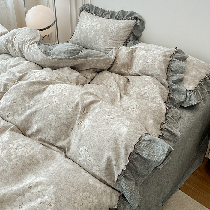 91家纺网 家纺一手货源 找家纺 逸林家纺《原希尔顿逸林》 2025秋冬新品加厚高克重亚麻复古原麻皱皱纱印花四件套法式花边 海棠花溪