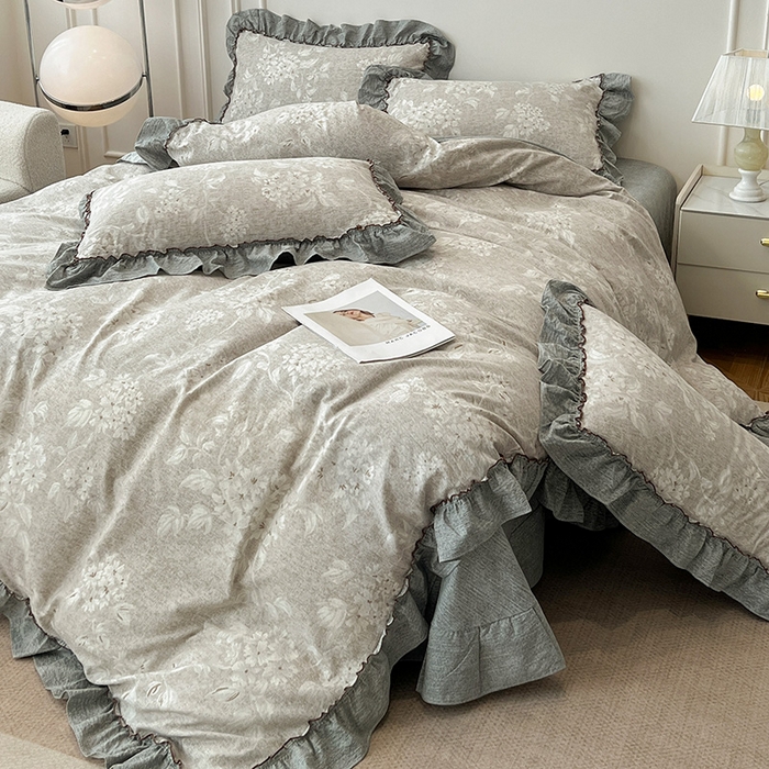 91家纺网 家纺一手货源 找家纺 逸林家纺《原希尔顿逸林》 2025秋冬新品加厚高克重亚麻复古原麻皱皱纱印花四件套法式花边 海棠花溪